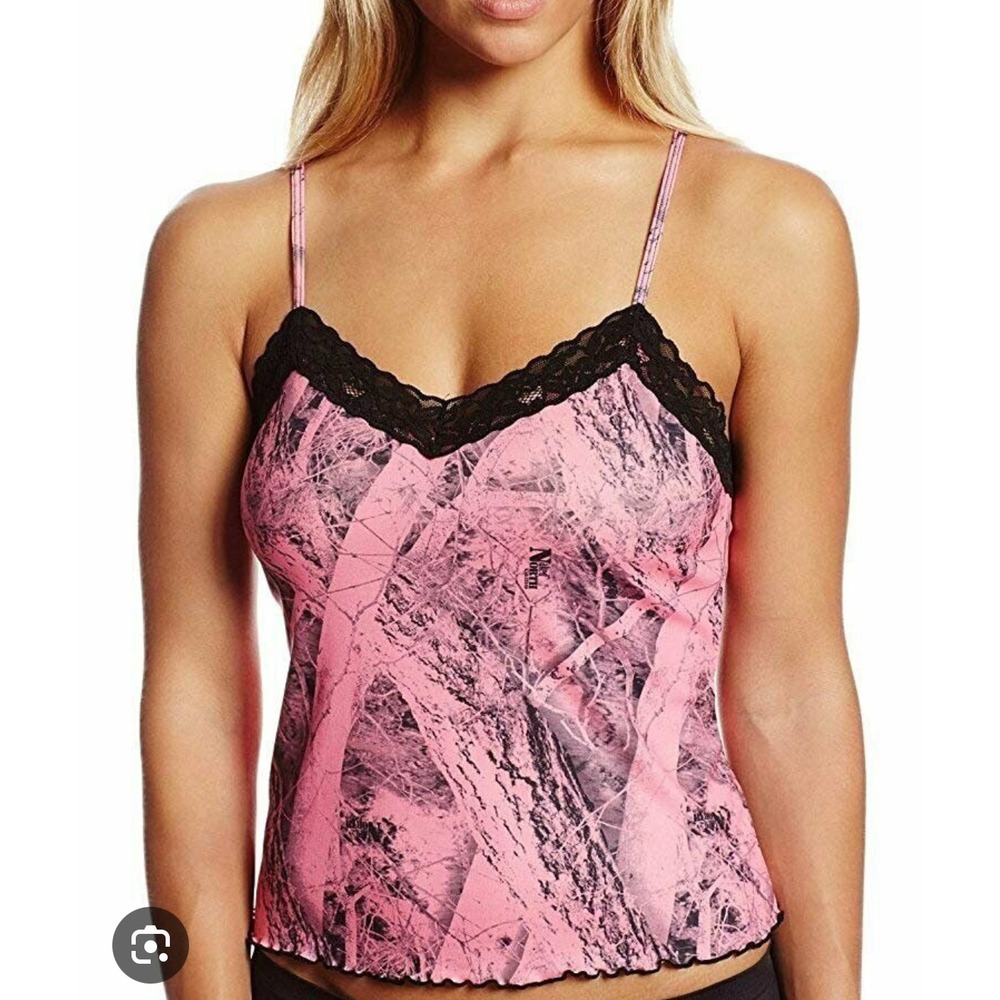 Wilderness Dreams Pink Camo Cami Top Black Lace Trim Lingerie boho Y2K western s